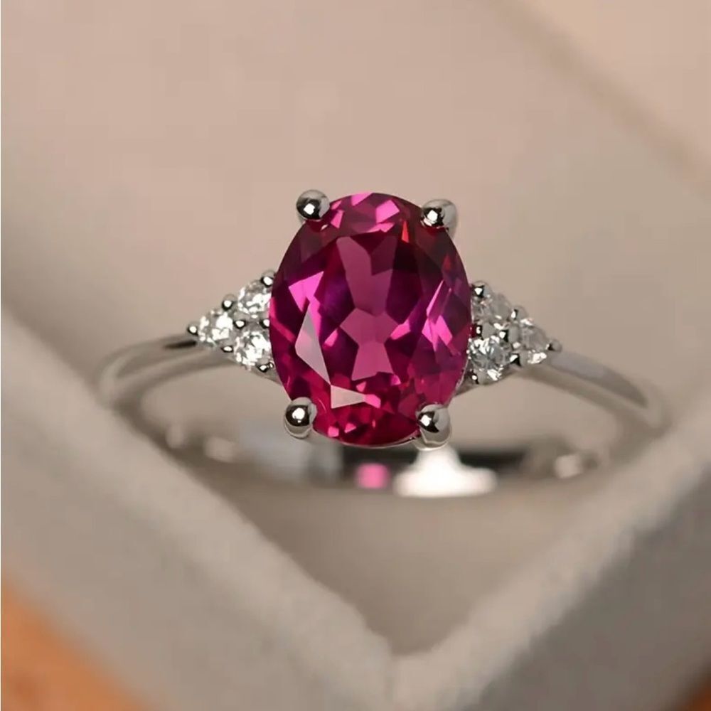 White Gold Plated Rose Red Faceted Cubic Zirconia Ring Size 7 NWT